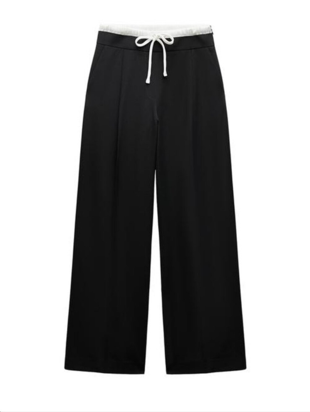 Zara Black Wide-Leg Joggers with White Drawstring Waist Xs